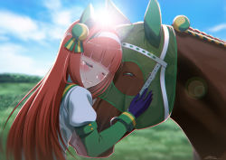 Rule 34 | 1girl, 1other, backlighting, black gloves, blunt bangs, closed eyes, commentary request, commission, creature and personification, ear covers, gloves, hair ornament, hairband, highres, hime cut, hood, horse, horse girl, hug, long hair, long sleeves, orange hair, partial commentary, pixiv commission, sailor collar, silence suzuka (racehorse), silence suzuka (umamusume), takaokasho, tears, umamusume, white hairband