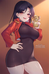 Rule 34 | 1girl, beer can, black dress, black hair, breasts, brown eyes, can, cropped jacket, curvy, dress, drink can, hand on own hip, highres, holding, holding can, jacket, katsuragi misato, large breasts, long hair, looking at viewer, neon genesis evangelion, open clothes, open jacket, r0cketcat, red jacket, shiny skin, solo, teeth, upper body, upper teeth only, wide hips