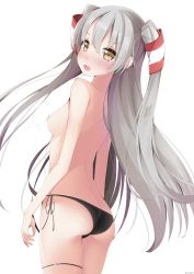 Rule 34 | 1girl, amatsukaze (kancolle), arms at sides, artist name, ass, back, bikini, bikini bottom only, black bikini, black ribbon, blush, breasts, brown eyes, convenient censoring, cowboy shot, embarrassed, from behind, from below, hair tubes, highres, kantai collection, lineflo, long hair, looking at viewer, looking back, looking down, nose blush, open mouth, petals, ribbon, side-tie bikini bottom, silver hair, simple background, solo, standing, swimsuit, thigh strap, topless, two side up, v-shaped eyebrows, very long hair, white background