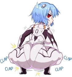 Rule 34 | 1girl, ass, ass clapping, ass shake, ayanami rei, blue hair, breasts, from behind, full body, huge ass, large breasts, looking at viewer, looking back, neon genesis evangelion, plugsuit, red eyes, short hair, simple background, solo, tagme, twerking, white background, young savage
