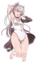 Rule 34 | 10s, 1girl, :d, alternate costume, amatsukaze (kancolle), arm behind head, arm up, armpits, blush, breasts, brown eyes, commentary request, full body, gluteal fold, grey hair, jumping, kantai collection, long hair, looking at viewer, one-piece swimsuit, open mouth, simple background, small breasts, smile, solo, swimsuit, thigh gap, two side up, white background, white one-piece swimsuit, yukiguni yuu