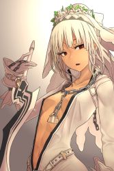 Rule 34 | 10s, 1girl, :o, aestus estus, altera (fate), alternate hairstyle, artoria pendragon (all), artoria pendragon (fate), belt, between breasts, blonde hair, blunt bangs, bodysuit, bow, breasts, bridal veil, bun cover, center opening, chain, chain necklace, collarbone, cosplay, dark-skinned female, dark skin, eyelashes, fate/extra, fate/extra ccc, fate/grand order, fate (series), flower, flower wreath, from side, full-length zipper, gloves, gradient background, grey background, groin, hair bun, hair up, hand up, head wreath, high collar, holding, holding sword, holding weapon, i-pan, jewelry, lock, looking to the side, md5 mismatch, navel, necklace, nero claudius (bride) (fate), nero claudius (fate), nero claudius (fate) (all), no bra, open clothes, padlock, parted lips, red eyes, reverse grip, saber (fate), saber bride, saber bride (cosplay), short hair with long locks, sidelocks, single hair bun, small breasts, solo, sword, tattoo, unzipped, veil, weapon, white bow, white flower, white hair, wreath, wrist cuffs, zipper, zipper pull tab
