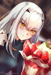 Rule 34 | 1girl, dessert, melusine (fate), fate/grand order, fate (series), food, forked eyebrows, fruit, highres, holding, holding spoon, ice cream, long hair, minestrongzzz, parfait, sidelocks, solo, spoon, strawberry, strawberry parfait, whipped cream, white hair, yellow eyes