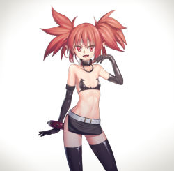 Rule 34 | 1girl, bare shoulders, belt, black gloves, black thighhighs, collar, disgaea, elbow gloves, etna (disgaea), fang, flat chest, frank lee (dfgh132), gloves, looking at viewer, makai senki disgaea, miniskirt, navel, open mouth, pointy ears, red eyes, red hair, short hair, skirt, smile, solo, thighhighs, twintails