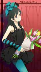 Rule 34 | 1girl, akiyama mio, alternate costume, alternate hair length, alternate hairstyle, black eyes, black hair, blush, don&#039;t say &quot;lazy&quot;, dress, fingerless gloves, flower, gloves, hat, highres, hime cut, k-on!, long hair, looking at viewer, mini hat, mini top hat, pantyhose, simple background, smile, solo, top hat, tulip, very long hair
