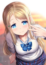 Rule 34 | 10s, 1girl, ayase alisa, blonde hair, blue bow, blue eyes, blue skirt, blurry, blurry background, blush, bow, breasts, closed mouth, collared shirt, commentary request, depth of field, diagonal-striped bow, dress shirt, from above, hair ornament, hairclip, hand up, highres, long hair, love live!, love live! school idol project, mad (hazukiken), medium breasts, otonokizaka school uniform, pleated skirt, school uniform, shirt, short sleeves, skirt, smile, solo, striped, swept bangs, v, very long hair, white shirt