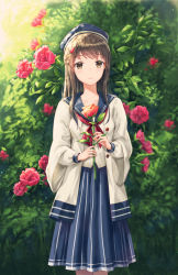 Rule 34 | 1girl, bad id, bad pixiv id, beret, blue hat, blue sailor collar, blue skirt, blush, brown eyes, brown hair, brown jacket, brown shirt, closed mouth, collarbone, commentary request, flower, hair flower, hair ornament, hairclip, hat, holding, holding flower, jacket, long hair, long sleeves, lunacle, open clothes, open jacket, original, red flower, red rose, rose, rose bush, sailor collar, school uniform, serafuku, shirt, skirt, smile, solo, wide sleeves