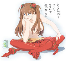 Rule 34 | 1girl, blue eyes, blush, breasts, brown hair, can, censored, convenient censoring, feet, hair censor, hair over breasts, head rest, indian style, interface headset, latex, long hair, navel, neon genesis evangelion, open mouth, plugsuit, rakupi, rebuild of evangelion, sitting, skin tight, solo, souryuu asuka langley, sweatdrop, test plugsuit, toes, topless, translation request