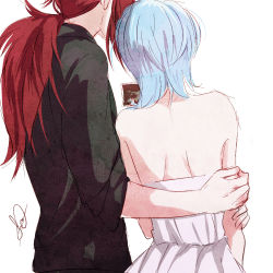 Rule 34 | backless dress, backless outfit, bare shoulders, black shirt, blue hair, commentary, couple, diluc (genshin impact), dress, english commentary, eula (genshin impact), genshin impact, gr 00x, hair behind ear, hand on another&#039;s arm, hetero, holding, holding photo, long hair, low ponytail, medium hair, photo (object), red hair, shirt, simple background, white background, white dress