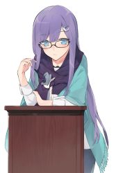 Rule 34 | 1girl, alternate costume, bespectacled, black-framed eyewear, blue eyes, crescent, crescent hair ornament, glasses, hair ornament, hayashi kewi, jacket, lectern, long hair, looking at viewer, open clothes, open jacket, patchouli knowledge, purple hair, shirt, skirt, solo, touhou, very long hair