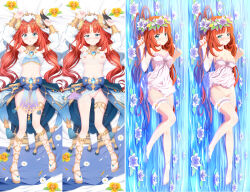 Rule 34 | 1girl, :o, arms up, barefoot, blush, breasts, brown footwear, cleavage, cleft of venus, commentary request, crop top, dakimakura (medium), dress, fake horns, flower, flower wreath, genshin impact, green eyes, half-closed eyes, head wreath, horns, legs, long hair, long sleeves, looking at viewer, lying, medium breasts, multiple views, nail polish, navel, nilou (genshin impact), nipples, on back, parted lips, puffy long sleeves, puffy sleeves, purple flower, pussy, red hair, sandals, shallow water, sleeveless, sleeveless dress, sui. (ayase), toenail polish, toenails, toes, veil, very long hair, water, white dress, yellow flower