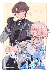 Rule 34 | 1boy, 1girl, age difference, black gloves, brown hair, commentary request, cowboy shot, glasses, gloves, height difference, honkai: star rail, honkai (series), march 7th (honkai: star rail), pink hair, short hair, smile, sudachips, welt yang, yellow eyes
