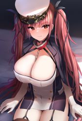 Rule 34 | 1girl, azur lane, bed sheet, black jacket, black ribbon, blush, breasts, chain, cleavage, closed mouth, collar, commentary request, dress, elbow gloves, garter straps, gloves, hair ribbon, hat, highres, honolulu (azur lane), jacket, jacket on shoulders, large breasts, long hair, looking at viewer, manda (manda9n), metal collar, peaked cap, red eyes, red hair, revision, ribbon, short dress, sitting, solo, sweatdrop, thighhighs, twintails, wavy mouth