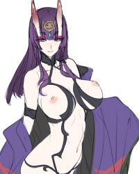 Rule 34 | 1girl, adapted costume, aged up, alternate breast size, alternate hair length, alternate hairstyle, ban! (bansankan), bare shoulders, breasts, unworn clothes, eyeshadow, fate/grand order, fate (series), female focus, horns, japanese clothes, kimono, large breasts, long hair, looking at viewer, makeup, navel, nipples, oni, purple eyes, purple hair, red eyes, shuten douji (fate), shuten douji (first ascension) (fate), simple background, single horn, sketch, smile, solo, white background