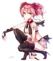 Rule 34 | 10s, 1girl, bare shoulders, black footwear, black gloves, black thighhighs, boots, bracelet, chain, crop top, detached collar, earrings, eyelashes, gloves, hair ribbon, high heel boots, high heels, idolmaster, idolmaster cinderella girls, jewelry, jougasaki mika, necktie, pink hair, ribbon, single glove, solo, songmil, squatting, tattoo, thigh boots, thighhighs, twintails, yellow eyes