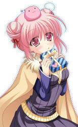 Rule 34 | 1girl, :3, alchemist (ragnarok online), blue sleeves, blush, bow, breasts, brown cape, cape, commentary request, cowlick, detached sleeves, double bun, dress, eyes visible through hair, fur collar, furukawa lemon, gift, grey dress, hair between eyes, hair bow, hair bun, heart, highres, holding, holding gift, looking at viewer, medium breasts, open mouth, pink eyes, pink hair, poring, ragnarok online, red bow, short hair, slime (creature), solo, strapless, strapless dress, upper body, white background