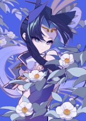 Rule 34 | 1girl, absurdres, arm at side, bare shoulders, black hair, black hat, blue background, branch, breast curtains, camellia, chromatic aberration, circlet, closed mouth, cone hair bun, convenient censoring, detached sleeves, dot nose, expressionless, eyelashes, fate/grand order, fate (series), feather hair ornament, feathers, film grain, flower, hair bun, hair ornament, hat, highres, iregui kamo, leaf, long hair, long sleeves, looking ahead, parted bangs, purple eyes, purple sleeves, side ponytail, simple background, solo, tate eboshi, upper body, ushiwakamaru (fate), white flower