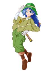 Rule 34 | 1girl, blue eyes, blue hair, boots, full body, hat, highres, jewelry, knee boots, leaning back, long hair, low-tied long hair, matching hair/eyes, monocle, necklace, original, pants, phiased pescar, shawl, smile, solo, teitoku, telescope, the last comer, touhou, transparent background, white background