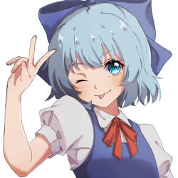 Rule 34 | 1girl, :p, amaka (maka prsk), blue bow, blue eyes, blue hair, blue vest, bow, cirno, commentary request, hair bow, hand up, looking at viewer, neck ribbon, one eye closed, puffy sleeves, red ribbon, ribbon, shirt, short hair, simple background, solo, tongue, tongue out, touhou, upper body, v, vest, white background, white shirt