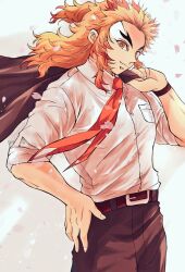 Rule 34 | 1boy, :3, alternate costume, belt buckle, black pants, breast pocket, brown hair, buckle, closed mouth, collared shirt, dress shirt, holding, kimetsu no yaiba, long hair, male focus, multicolored hair, necktie, pants, pocket, red hair, red necktie, rengoku kyoujurou, sayu090200, shirt, sleeves rolled up, smile, solo, spiked hair, two-tone hair, white shirt, wing collar, yellow eyes