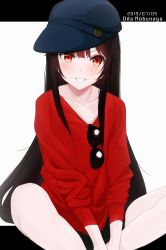 Rule 34 | 1girl, black-framed eyewear, black background, black hair, black skirt, blue hat, blush, brown hair, cabbie hat, character name, collarbone, commentary request, dated, eyewear hang, fate/grand order, fate (series), gradient hair, grin, hat, highres, koha-ace, long hair, long sleeves, looking at viewer, multicolored hair, oda nobunaga (fate), oda nobunaga (koha-ace), ratsuku kinoko, red eyes, red shirt, shirt, sitting, skirt, smile, solo, sunglasses, two-tone background, unworn eyewear, very long hair, white background