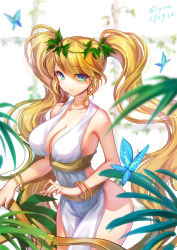 Rule 34 | 1girl, backless dress, backless outfit, bare shoulders, blonde hair, blue eyes, bracelet, breasts, bug, butterfly, closed mouth, collarbone, cowboy shot, dress, eyes visible through hair, hair ornament, bug, jewelry, large breasts, leaf hair ornament, league of legends, long hair, looking at viewer, muse sona, s-yin, smile, solo, sona (league of legends), very long hair, white dress