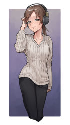 Rule 34 | 1girl, bad id, bad pixiv id, black pants, brown eyes, brown hair, closed mouth, commentary request, cropped legs, half-closed eyes, hand in own hair, headphones, highres, idolmaster, idolmaster cinderella girls, long sleeves, looking at viewer, nitta minami, outside border, pants, ponytail, ribbed sweater, roivas, smile, solo, standing, sweater, v-neck, white sweater