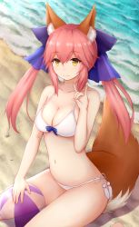 Rule 34 | 10s, 1girl, \m/, animal ears, bad id, bad pixiv id, ball, barefoot, beach, beachball, bikini, blue bow, bow, breasts, cleavage, closed mouth, collarbone, commentary request, day, fate/extra, fate (series), fox ears, fox tail, hair between eyes, hair bow, highres, long hair, looking at viewer, medium breasts, navel, ocean, official alternate costume, outdoors, pink hair, rachione, seashell, shell, side-tie bikini bottom, sidelocks, sitting, smile, solo, stomach, swimsuit, tail, tamamo (fate), tamamo no mae (fate/extra), tamamo no mae (sexy bikini) (fate), twintails, wariza, white bikini, yellow eyes
