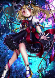 Rule 34 | 1girl, absurdres, alternate color, alternate costume, ascot, bad id, bad pixiv id, blonde hair, bow, crystal, flandre scarlet, hat, hat bow, highres, jewelry, laevatein, looking at viewer, mary janes, mob cap, open mouth, ponytail, puffy sleeves, red eyes, ribbon, sash, shanghai bisu, shirt, shoes, short hair, short sleeves, side ponytail, skirt, skirt set, socks, solo, sparkle, star (sky), touhou, vest, white socks, wings, wrist cuffs