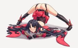 Rule 34 | 1girl, arm rest, ass, backless kimono, bare shoulders, black hair, blush, breasts, fate/grand order, fate (series), flexible, hands on ground, jack-o&#039; challenge, japanese clothes, joints, katou danzou (fate), kimono, large breasts, long hair, looking at viewer, meme, parted bangs, red kimono, robot joints, sarhce, sidelocks, solo, spread legs, stretching, top-down bottom-up, wide sleeves, wide spread legs, yellow eyes