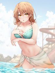 Rule 34 | 1girl, :o, bikini, blurry, blush, breasts, brown hair, cleavage, cloud, commentary request, covering privates, covering breasts, depth of field, isshiki iroha, navel, open mouth, red hayao, sarong, solo, swimsuit, water slide, yahari ore no seishun lovecome wa machigatteiru., yellow eyes