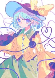 Rule 34 | 1girl, :|, artist name, black hat, blouse, blue eyes, bow, buttons, closed mouth, commentary, cowboy shot, diamond button, expressionless, frilled shirt collar, frilled sleeves, frills, green hair, green skirt, hand up, hat, hat bow, heart, heart of string, highres, hinasumire, komeiji koishi, long sleeves, looking at viewer, medium hair, one-hour drawing challenge, shirt, skirt, solo, third eye, touhou, wide sleeves, yellow bow, yellow shirt
