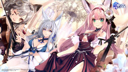 Rule 34 | 3girls, ;d, animal ears, azur lane, bare shoulders, black gloves, bow (music), breasts, brown dress, chandelier, cleavage, clothing cutout, cup, detached collar, dress, drinking glass, facial mark, fox ears, gloves, green eyes, hair ornament, hairband, hairclip, hanazuki (azur lane), highres, instrument, large breasts, long hair, looking at viewer, medium breasts, multiple girls, official alternate costume, official art, one eye closed, open mouth, parted lips, pink hair, purple eyes, shinano (azur lane), shinano (dreams of the hazy moon) (azur lane), shirokitsune, side slit, silver hair, sleeveless, sleeveless dress, smile, suzutsuki (azur lane), underboob, underboob cutout, very long hair, violin, wine glass