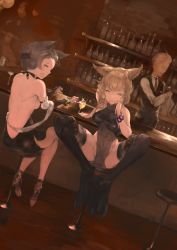 Rule 34 | 10s, 2girls, animal ears, back, backless dress, backless outfit, bar (place), bartender, black dress, black legwear, bottle, braid, breasts, butt crack, cat ears, covered navel, cup, draph, dress, drinking glass, drinking straw, erune, granblue fantasy, grey hair, hair up, highres, indoors, light brown hair, looking at viewer, metera (granblue fantasy), mole, mole under mouth, mouth hold, multiple girls, n9+, no bra, no panties, open mouth, short hair, siblings, side slit, sideboob, sisters, sitting, spread legs, stella (granblue fantasy), sutera (granblue fantasy), thighhighs, wine bottle, wine glass