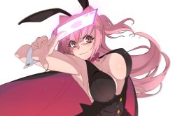 Rule 34 | 1girl, animal ears, blush, bouncing breasts, bow, bowtie, breasts, rabbit ears, bunny girl, cape, cleavage, commentary request, fake animal ears, glowing, hair intakes, highres, large breasts, long hair, miton-chan (miton (turuyasann)), miton (turuyasann), original, pink eyes, pink hair, solo, white background, wrist cuffs