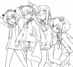 Rule 34 | 4girls, adapted costume, amatsukaze (kancolle), clothes pull, commentary request, dress, dress pull, embarrassed, feet out of frame, garter straps, greyscale, hair tubes, hat, hatsukaze (kancolle), headgear, headset, holding hands, kantai collection, lineart, long hair, mini hat, monaka ooji, monochrome, multiple girls, neckerchief, no pants, open mouth, rudder footwear, sailor collar, sailor dress, sailor shirt, shirt, short dress, short hair, simple background, speaking tube headset, thighhighs, tokitsukaze (kancolle), two side up, wavy mouth, yukikaze (kancolle)