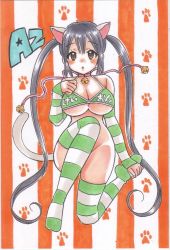 Rule 34 | 1girl, animal ears, animal hands, arm warmers, bare shoulders, bell, black hair, breasts, brown eyes, cat ears, cat tail, choker, cleavage, collar, jingle bell, k-on!, kemonomimi mode, large breasts, long hair, marker (medium), multicolored clothes, multicolored legwear, nakano azusa, neck bell, no panties, rodeorodeo, solo, striped clothes, striped thighhighs, tail, thighhighs, traditional media, twintails