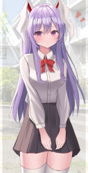 Rule 34 | 1girl, absurdres, animal ears, aohane, black skirt, blush, buttons, closed mouth, collared shirt, cowboy shot, hair between eyes, highres, light purple hair, long hair, long sleeves, pleated skirt, rabbit ears, red eyes, reisen udongein inaba, shirt, skirt, solo, thighhighs, touhou, white shirt, white thighhighs