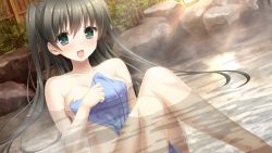 Rule 34 | 1girl, areola slip, black hair, blush, breasts, covering privates, covering breasts, futaba saki, game cg, green eyes, hitsuji takako, legs, lip kiss, long hair, looking at viewer, mikoto akemi, nude, onsen, open mouth, original, outdoors, partially submerged, sitting, smile, solo, steam, thighs, towel, unasaka ryou, water, wet