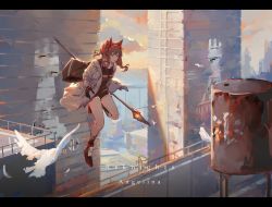 Rule 34 | 1girl, angelina (arknights), animal, arknights, bag, bird, brown hair, building, cloud, flying, highres, jacket, letterboxed, red shirt, rhodes island logo (arknights), shirt, shoes, short twintails, shorts, socks, solo, staff, twintails, zuosi zhichu