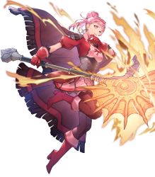Rule 34 | 1girl, animal ears, axe, battle axe, boots, bow, capelet, crests (fire emblem), cropped jacket, dress, elbow gloves, energy, essual (layer world), female focus, fire emblem, fire emblem: three houses, fire emblem heroes, fire emblem warriors: three hopes, full body, gloves, grin, highres, hilda valentine goneril, holding, holding weapon, huge weapon, jacket, jewelry, long hair, matching hair/eyes, nintendo, non-web source, official art, pink dress, pink eyes, pink hair, red footwear, red gloves, short sleeves, smile, solo, thigh boots, transparent background, weapon