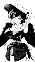 Rule 34 | 1girl, :p, absurdres, bandana, bare shoulders, black hair, black wings, breasts, cleavage, cowboy hat, cowboy shot, greyscale, hat, highres, holster, horse girl, horse tail, kurokoma saki, large breasts, looking at viewer, monochrome, nuekane, off-shoulder shirt, off shoulder, pegasus wings, ponytail, shirt, smile, standing, tail, tongue, tongue out, touhou, white background, wings