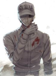 Rule 34 | 10s, 1boy, absurdres, black eyes, blood, blood on clothes, blood on face, closed mouth, clothes writing, collared jacket, commentary request, flat cap, gloves, greatmosu, hair over one eye, hand up, hat, hataraku saibou, highres, jacket, long sleeves, looking at viewer, male focus, manly, solo, u-1146, upper body, white blood cell (hataraku saibou), white gloves, white hat, white jacket
