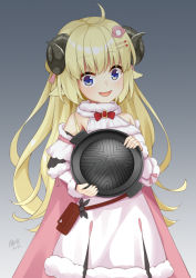 Rule 34 | 1girl, :d, ahoge, animal ears, black sleeves, blonde hair, blue eyes, bow, cape, commentary request, curled horns, detached sleeves, dress, fur-trimmed dress, fur-trimmed sleeves, fur collar, fur trim, gradient background, grey background, hair ornament, hairclip, highres, holding, hololive, horns, long hair, long sleeves, looking at viewer, open mouth, pink cape, red bow, sheep ears, sheep horns, signature, sleeveless, sleeveless dress, smile, solo, tsunomaki watame, tsunomaki watame (1st costume), very long hair, virtual youtuber, white dress, white sleeves, win opz