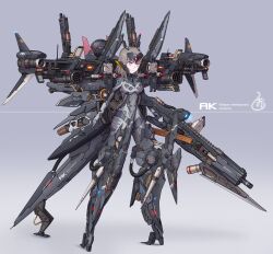 Rule 34 | 1girl, absurdres, armor, bayonet, bodysuit, brown hair, commentary request, covered navel, forehead protector, full body, grey background, gun, headgear, highres, holding, holding gun, holding weapon, mecha musume, missile pod, original, purple eyes, rifle, skin tight, solo, standing, tamasi, thrusters, tube, weapon