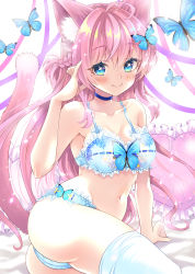 Rule 34 | 1girl, absurdres, ahoge, animal ear fluff, animal ears, arm support, ass, bed sheet, blue bra, blue choker, blue eyes, blue panties, blush, bra, braid, breasts, butterfly hair ornament, cat ears, cat girl, choker, cleavage, closed mouth, collarbone, commentary request, frilled bra, frilled panties, frills, hair between eyes, hair ornament, hand in own hair, highres, looking at viewer, medium breasts, navel, original, panties, pillow, pink hair, ribbon, sitting, smile, solo, tail, thighhighs, thighs, underwear, uonuma yuu, white thighhighs