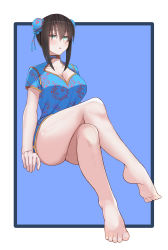 Rule 34 | 1girl, absurdres, barefoot, black hair, blue background, blue shirt, blush, breasts, bun cover, chinese clothes, cleavage, cleavage cutout, clothing cutout, commentary request, double bun, fate/grand order, fate (series), floral print, from below, green eyes, hair between eyes, highres, iyuki chi, large breasts, crossed legs, looking at viewer, qin liangyu (fate), shirt, short hair, short hair with long locks, sidelocks, sitting, solo, white background