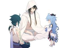 Rule 34 | 1girl, 2boys, abs, ahoge, arm guards, arm tattoo, bare shoulders, barefoot, bead necklace, beads, black hair, blue hair, blush, book, brown hair, cloak, closed mouth, crossed legs, detached sleeves, from behind, ganyu (genshin impact), genshin impact, gloves, goat horns, green gloves, green hair, hair between eyes, holding, holding book, hood, hood up, hooded cloak, horns, indian style, jewelry, long hair, long sleeves, midriff, multicolored hair, multiple boys, navel, necklace, open book, open mouth, purple eyes, seiza, shoes, shoulder pads, simple background, sitting, sleeveless, standing, tattoo, toned, toned male, white background, white cloak, xiao (genshin impact), yellow eyes, yi (826805607), zhongli (archon) (genshin impact), zhongli (genshin impact)
