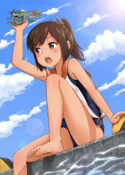 Rule 34 | 10s, 1girl, aircraft, airplane, bare shoulders, barefoot, blue sky, blush, brown eyes, brown hair, cloud, day, feet, i-401 (kancolle), kantai collection, one-piece swimsuit, open mouth, personification, ponytail, sailor collar, school swimsuit, seaplane, short hair, short ponytail, sitting, sky, solo, suke (momijigari), swimsuit, swimsuit under clothes, toy airplane, water