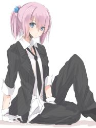 Rule 34 | 10s, 1girl, alternate costume, black necktie, blue eyes, bow, collared shirt, cuffs, formal, gloves, hair bobbles, hair bow, hair ornament, kantai collection, looking at viewer, looofa, loose necktie, nao (qqqbb), necktie, pant suit, pants, pink hair, ponytail, shiranui (kancolle), shirt, side ponytail, simple background, sitting, sleeves rolled up, solo, striped, suit, white background, white gloves, white shirt